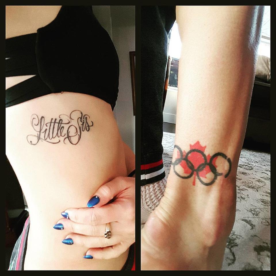 <p>She has a tattoo of the Olympic rings and a Canadian maple leaf just above the outside of her right ankle, commemorating her part in winning the silver medal in the figure skating team event at Sochi. (Photo via Instagram/kaetkiss) </p>