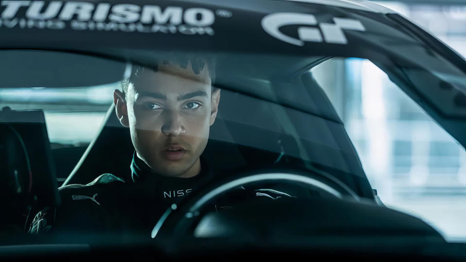 Actor Archie Madekwe playing racer Jann Mardenborough in the movie "Gran Turismo".
