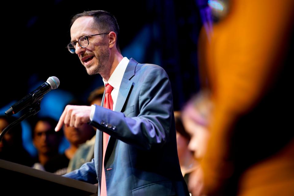 Freddie O'Connell addresses supporters during an election night party on Thursday, Aug. 3, 2023 in Nashville, Tenn.