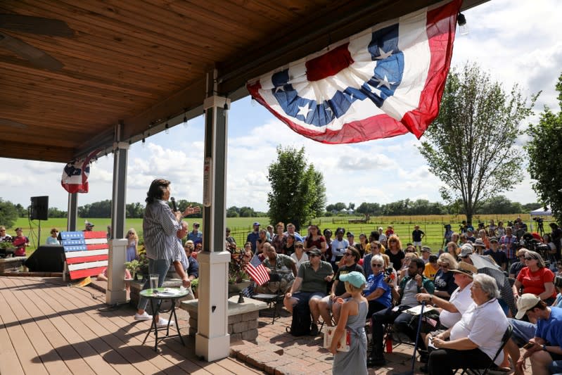 FILE PHOTO: U.S. Senator Kamala Harris speaks during a Fourth of July House Party in Indianola