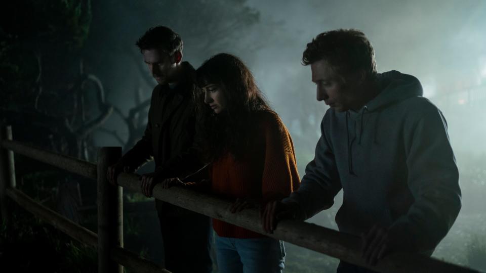 Dan Stevens (left), Sheila Vand and Jeremy Allen White play guests at a lakeside Airbnb that find tension rather than relaxation in the horror film "The Rental."