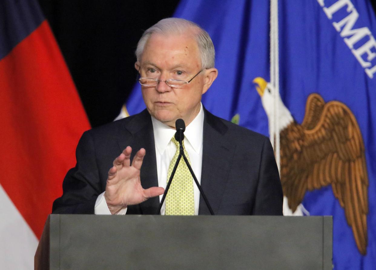 U.S. Attorney General Jeff Sessions speaks at the opening session of the National Law Enforcement Conference on Human Exploitation in Atlanta: Bob Andres/Atlanta Journal-Constitution via AP