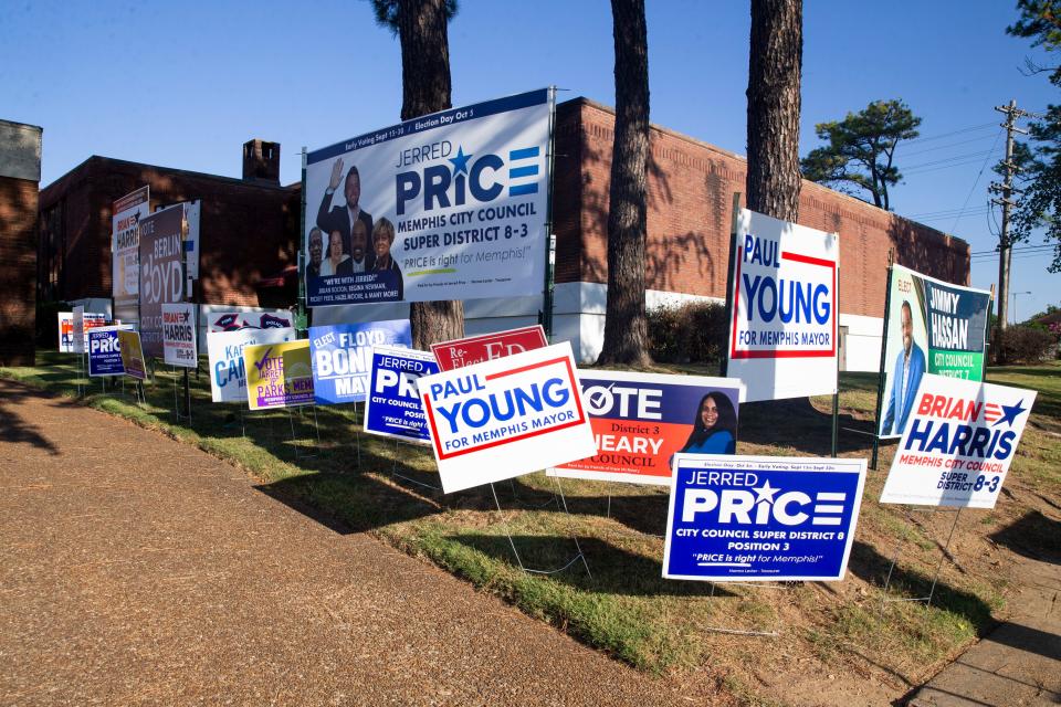 Signs for various mayoral and city council candidates can be seen outside of Missionary Boulevard Christian Church, which is an early voting site, in Memphis, Tenn., on Friday, September 15, 2023. Early voting runs from September 15-30.