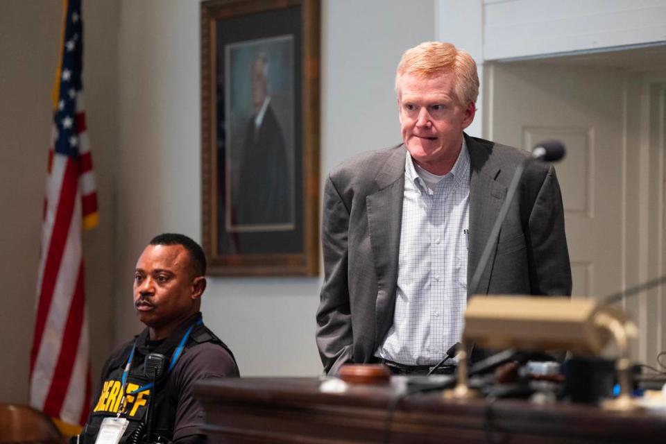 Alex Murdaugh stands during a break in his trial for murder at the Colleton County Courthouse on Friday, Feb. 24, 2023. (Joshua Boucher/The State/Pool/Tribune News Service via Getty Images)