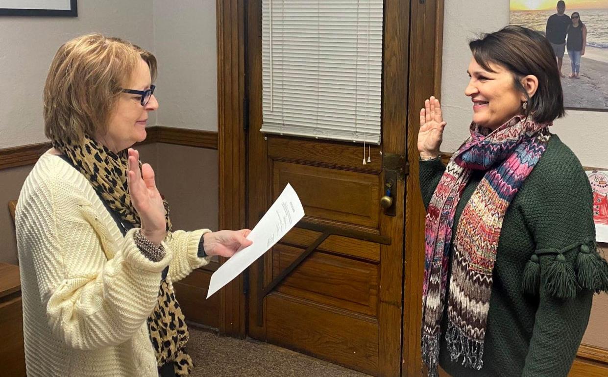 Sally Turner, right, is sworn in as the Illinois state senator for the 44th District by Logan County Clerk Theresa Moore, left, on Monday, Jan. 25, 2021, in Lincoln. Turner replaces state Sen. Bill Brady and will serve out the final two years of Brady's term before the 2022 elections. [Provided by the Logan County clerk]