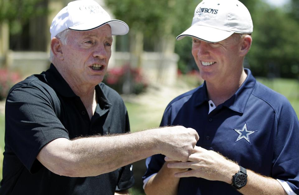 Dallas Cowboys NFL football owner Jerry Jones, left, and head coach Jason Garrett arrive for the Dallas Cowboys Annual Sponsor Appreciation Golf Classic at the Cowboys Golf Club, Wednesday, May 9, 2012, in Grapevine, Texas. (AP Photo/LM Otero)