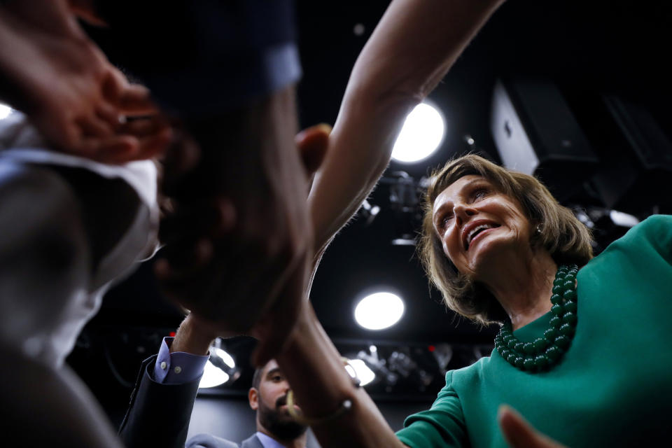 Speaker of the House Nancy Pelosi, D-Calif., greets supporters after speaking at a panel discussion at Delaware County Community College, Friday, May 24, 2019, in Media, Pa. (AP Photo/Matt Slocum)