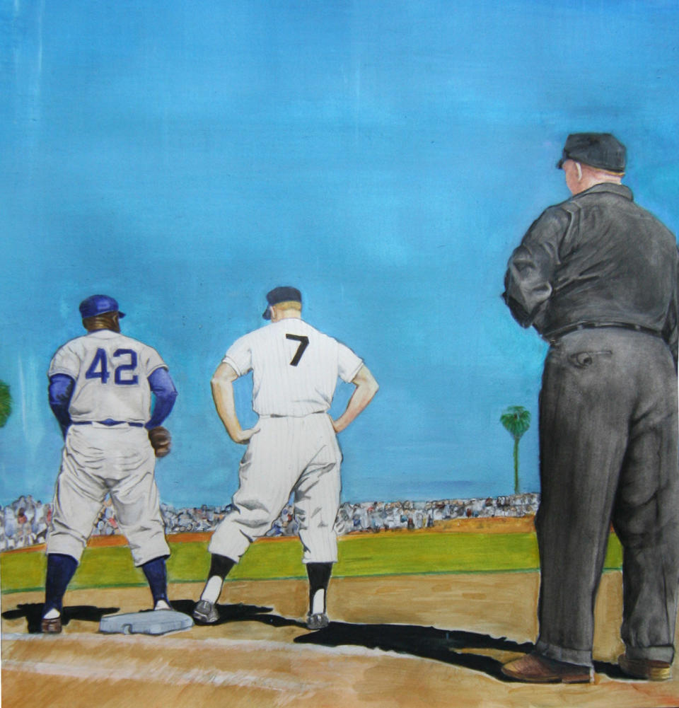 “Jackie and Mickey” by Margie Lawrence, currently for sale at Bergino Baseball Clubhouse in New York City. (Image: margielawrence.com)