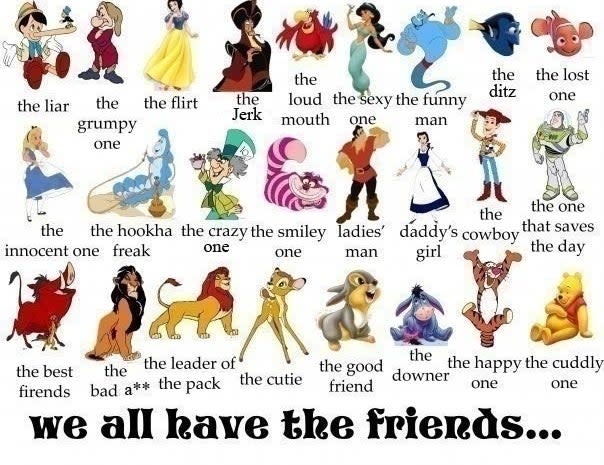 "We all have the friends..." with a bunch of pictures of Disney characters labeled things like "the cuddly one" or "the innocent one"