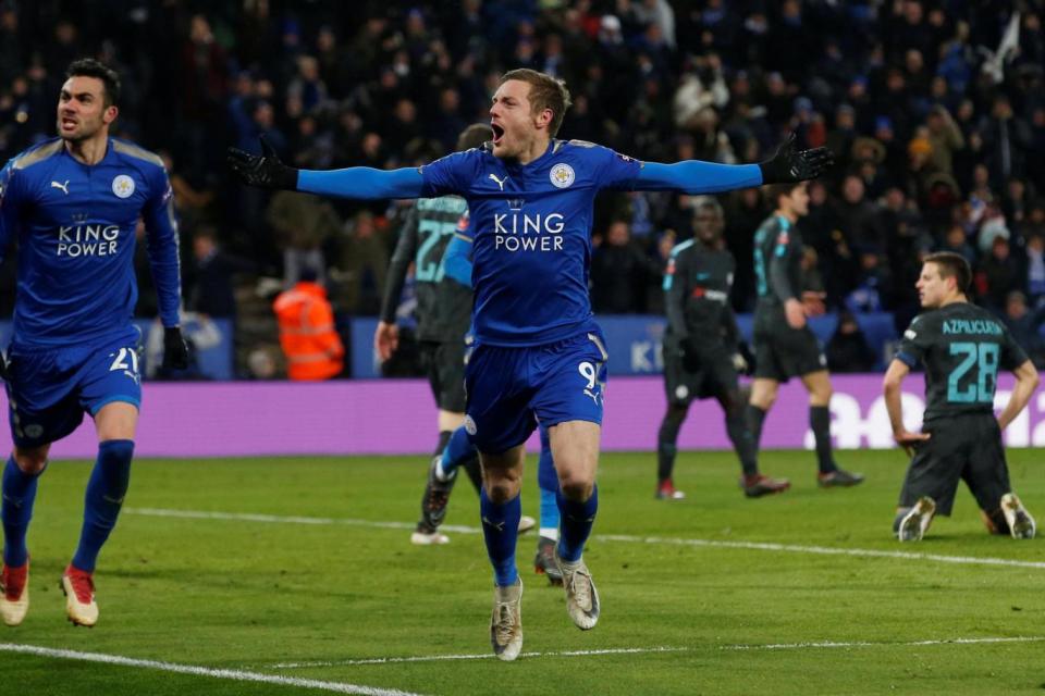 On target: Vardy celebrates his goal against Chelsea in the FA Cup (REUTERS)