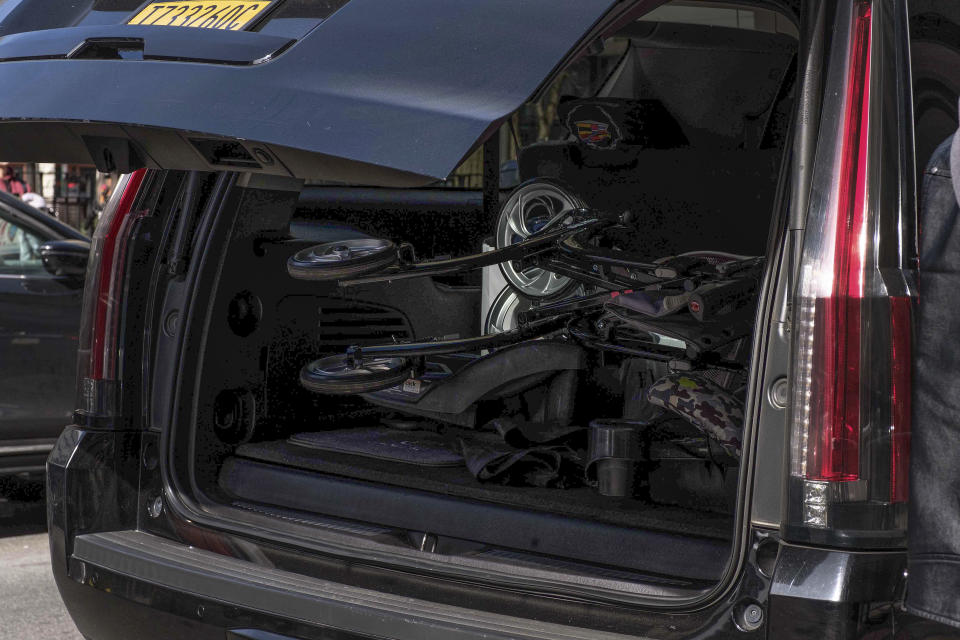 Harvey Weinstein's walker sits folded up in a sport utility vehicle outside Manhattan Supreme Court after Weinstein was ordered to jail immediately after being convicted in his rape trial, Monday, Feb. 24, 2020, in New York. A jury convicted the Hollywood mogul of rape and sexual assault. The jury found him not guilty of the most serious charge, predatory sexual assault, which could have resulted in a life sentence. (AP Photo/Yuki Iwamura)