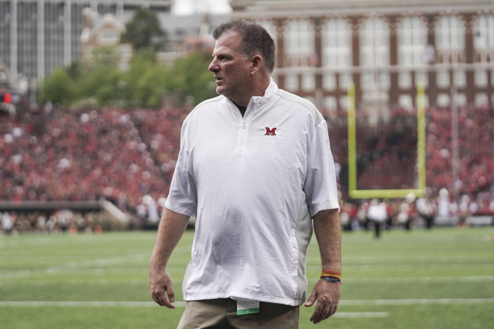 Miami (Ohio) head coach Chuck Martin stands in the end zone prior to an NCAA college football game against Cincinnati, Saturday, Sept. 4, 2021, in Cincinnati. (AP Photo/Jeff Dean)