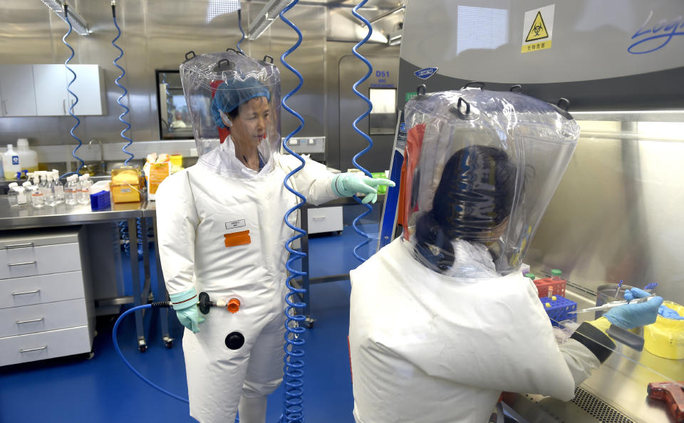 FILE - In this Thursday, Feb. 23, 2017 file photo, Shi Zhengli works with other researchers in a lab at the Wuhan Institute of Virology in Wuhan in central China's Hubei province. On Dec. 30, 2019, Wuhan health officials issued an internal notice warning of an unusual pneumonia, which leaked on social media. That evening, Shi, famous for having traced the SARS virus to a bat cave, was alerted to the new disease, according to an interview with Scientific American. Shi took the first train from a conference in Shanghai back to Wuhan. (Chinatopix via AP)