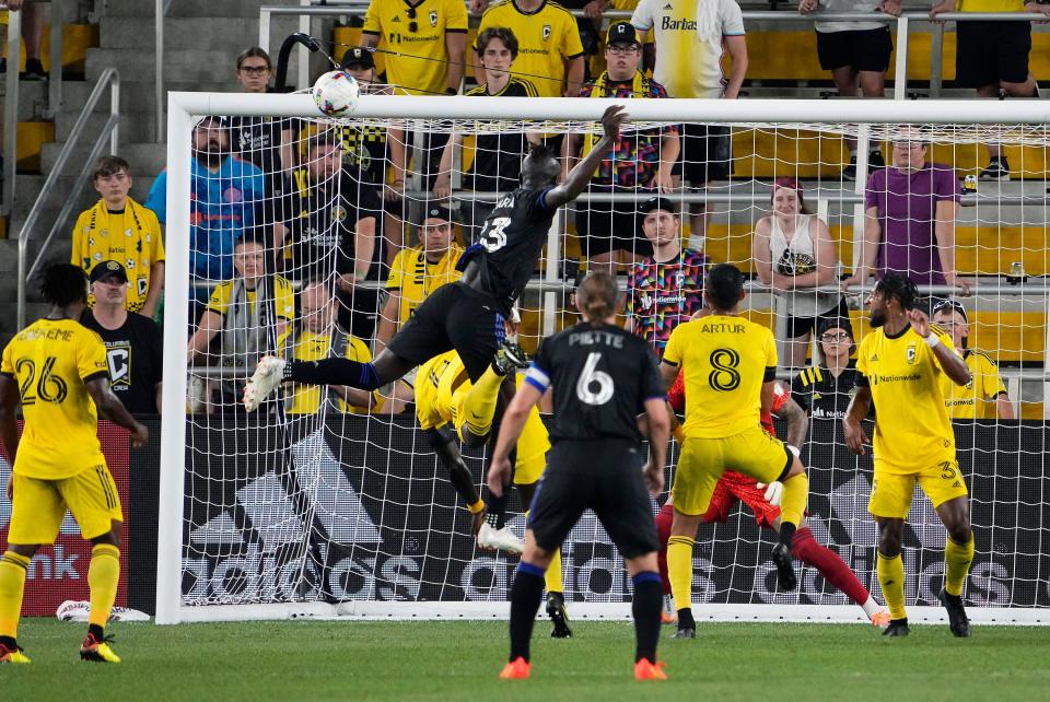 Aug 3, 2022; Columbus, Ohio, USA; CF Montreal forward Kei Kamara (23) scores a goal off a header against CF Montreal in the second half during their MLS game between the Columbus Crew and CF Montreal at Lower.com Field in Columbus, Ohio on August 3, 2022. 