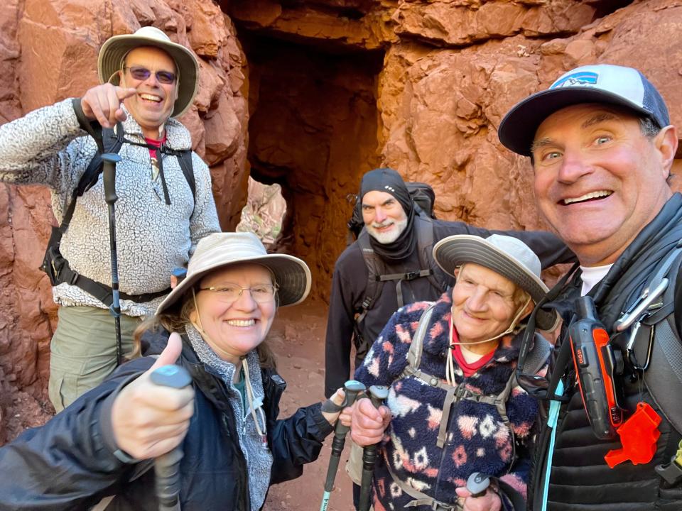 Alfredo Aliaga, 92, is pictured during his 24-mile rim-to-rim hike of the Grand Canyon on Oct. 14 and 15, 2023, along with (from left to right) his son-in-law Jurgen Buchenau, daughter Anabal Aliaga-Buchenau, and independent witnesses Peter Todd and Julian Coiner.