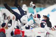 <p>Veronika Vitkova of the Czech Republic celebrates with team members after the victory ceremony for the Women’s Biathlon 7.5km Sprint on day one of the PyeongChang 2018 Winter Olympic Games at Alpensia Biathlon Centre on February 10, 2018 in Pyeongchang-gun, South Korea. (Photo by Andreas Rentz/Getty Images,) </p>