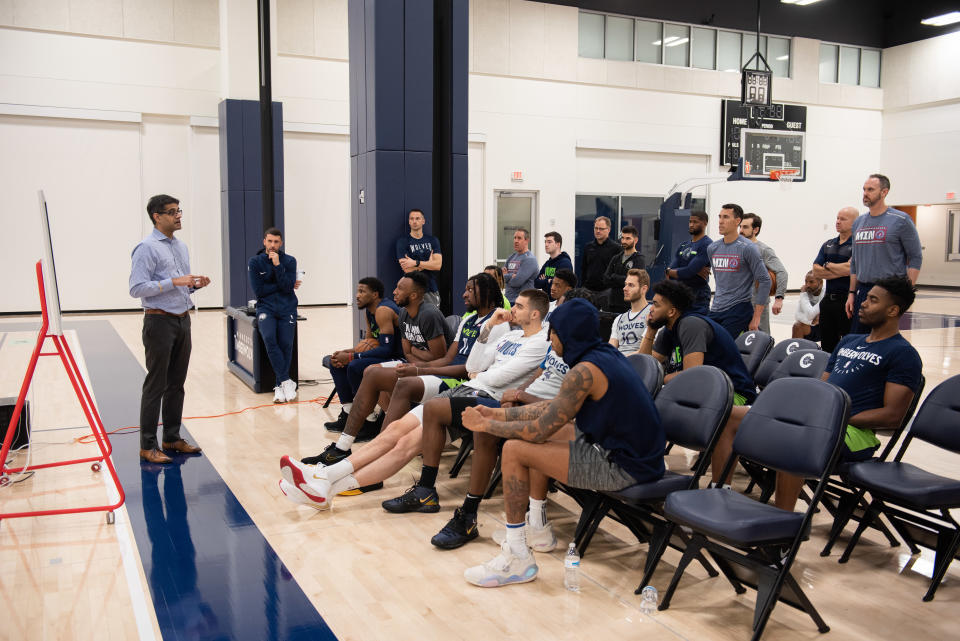 MINNEAPOLIS, MN - MARCH 09: Dr. Robby Sikka leads a team meeting about COVID-19 with the Minnesota Timberwolves at the teams practice facility in downtown Minneapolis, Minnesota on March 09, 2020. The Timberwolves left for what was supposed to be a two week road trip before the NBA season was suspended two days later, on March 11. (Photo by Steel Brooks for The Washington Post via Getty Images)