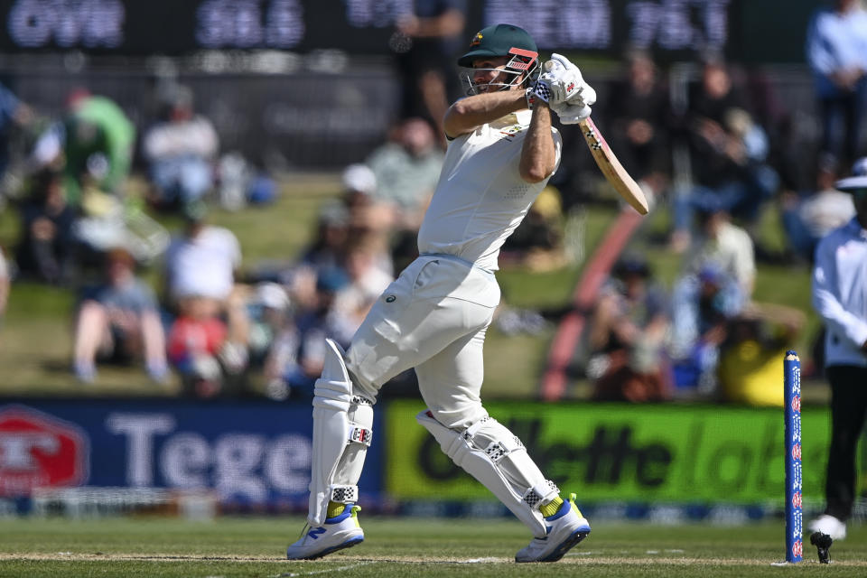 Australia's Mitch Marsh bats on day four of the second cricket test between New Zealand and Australia in Christchurch, New Zealand, Monday, March 11, 2024. (John Davidson/Photosport via AP)