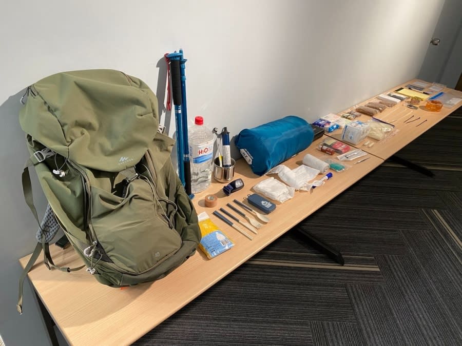 <span><sub><em><code>Kuma Academy lays out materials of an ‘evacuation backpack’ that it encourages participants to bring to the course for civil defense training. (Courtesy Kuma Academy)<br></code></em></sub></span>