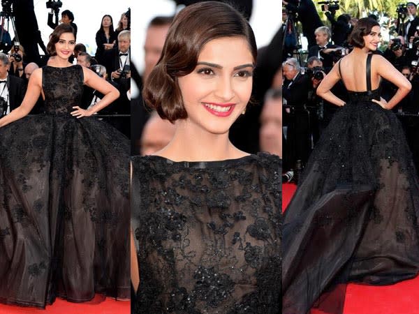 Sonam turned heads as she walked the Cannes 2014 red carpet in a black ball gown by Elie Saab, a faux bob and minimal make-up.