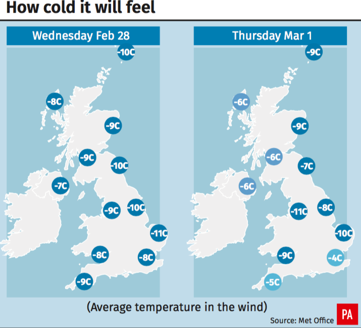 <em>Wind chill will make it feel even colder (PA)</em>