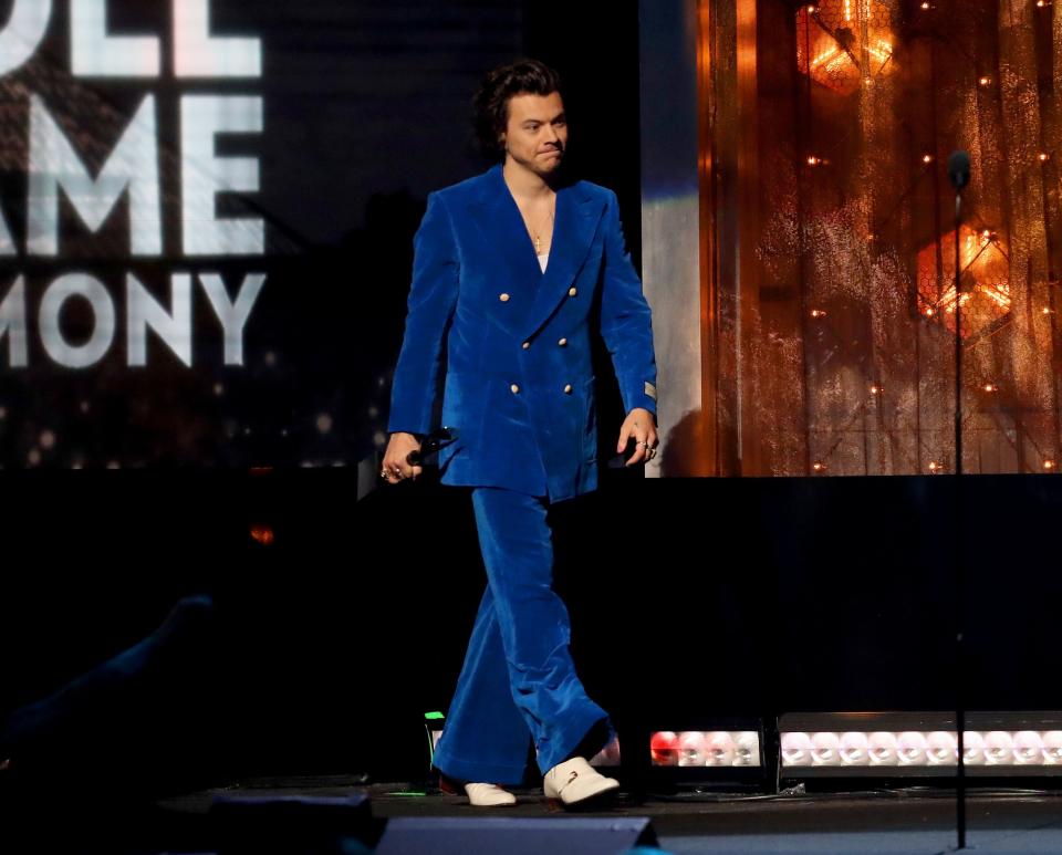 Harry Styles speaks onstage at the 2019 Rock &amp; Roll Hall Of Fame Induction Ceremony - Show at Barclays Center on March 29, 2019 in New York City.&nbsp;