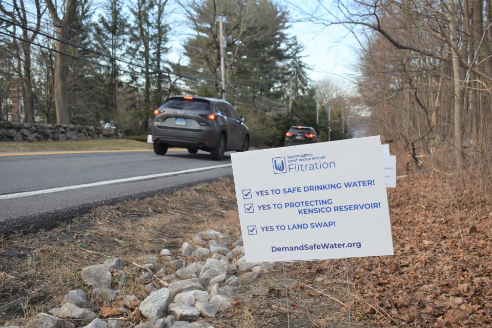 Westchester Joint Water Works put up lawn signs on Westchester County land, at the site of the proposed water plant.