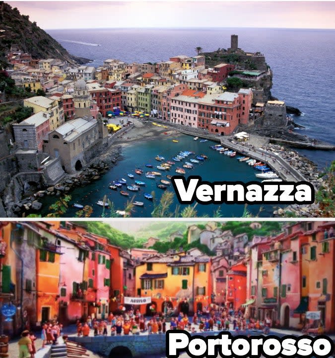 A comparison of Vernazza, Italy and the town Portorosso, which is in the movie "Luca"