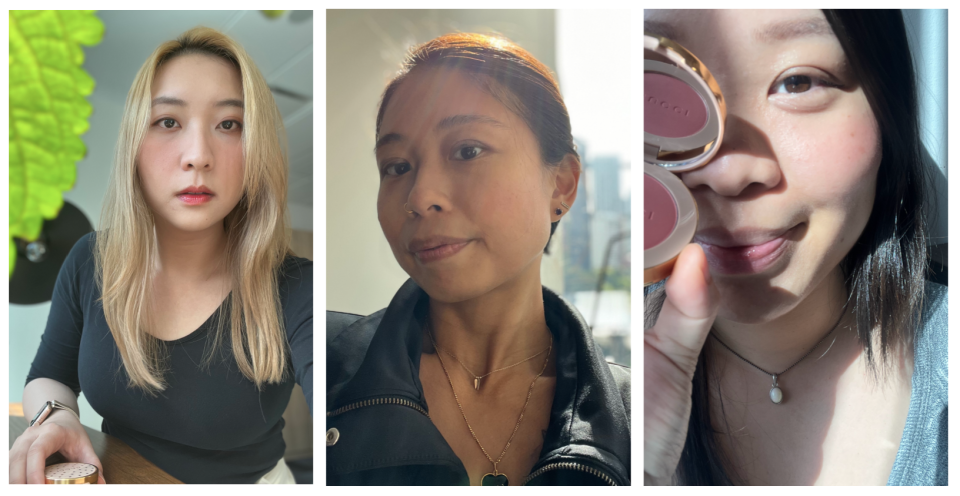 A photo collage of Yahoo producer and editors using Gucci Blush De Beauté’s new blusher.