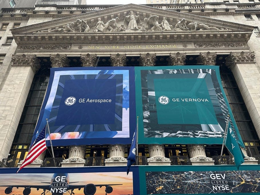 General Electric banners hang on the facade of the New York Stock Exchange. after completing the conf