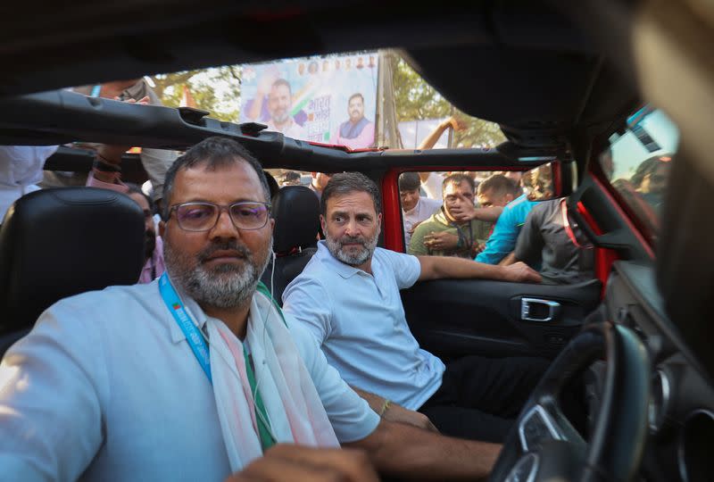 Rahul Gandhi, a senior leader of India's main opposition Congress party, during his 66-day long "Bharat Jodo Nyay Yatra", in Jhalod town