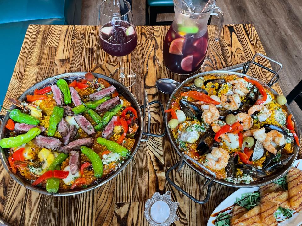 Paella is a specialty at Basque Tapas where versions include a surf & turf, left, and a seafood version, right. Both were Lohud Food Writer Jeanne Muchnick's best thing she ate this week. Photographed May 2024