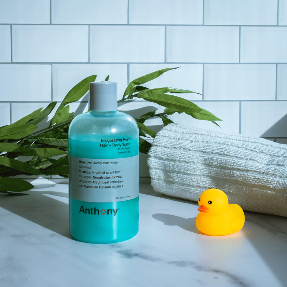 anthony shampoo on marble with tile background with rubber duckie