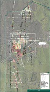 Diamond drilling focus at Belltopper. Figure depicts key reefs (red lines), arsenic in soil assays (points, red = >200 ppm As) and the regional Taradale Fault.