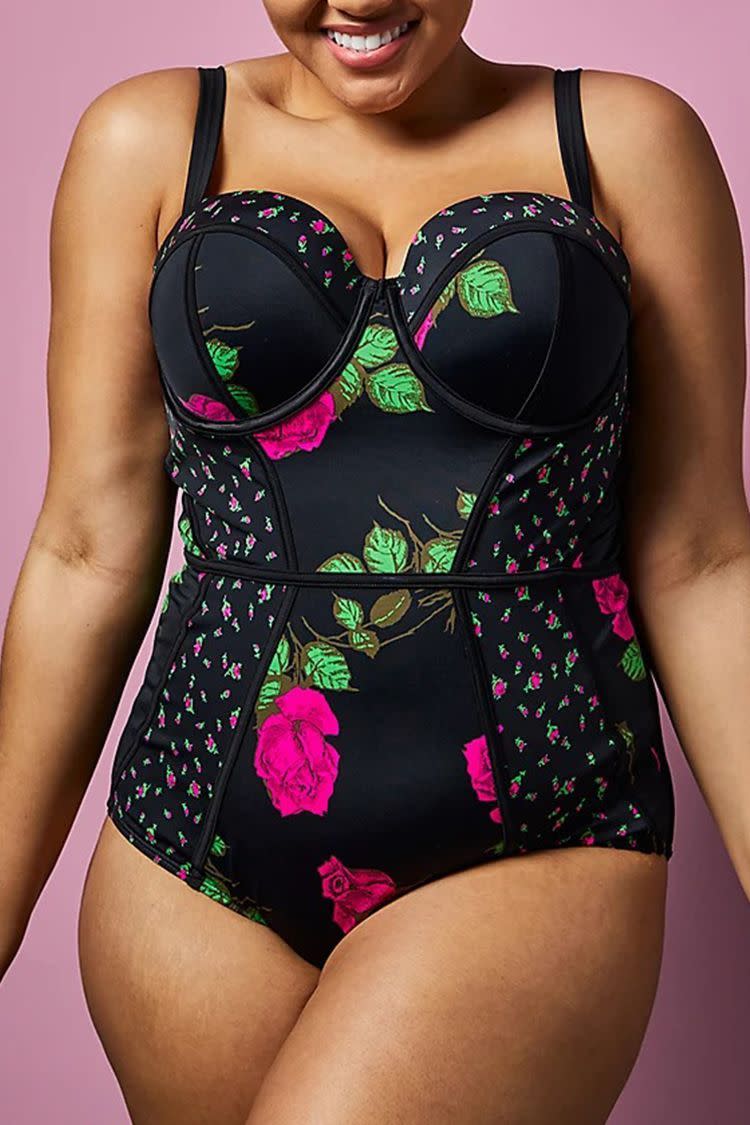 10) Betsey Johnson Rose Black Underwire One-Piece Swimsuit