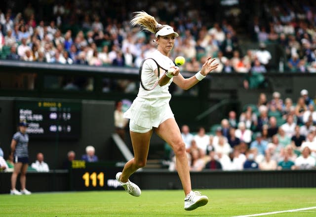 Katie Boulter strikes a forehand in her win over Karolina Pliskova 