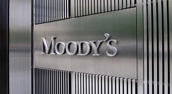 A Moody's Corporation (MCO) sign in silver.