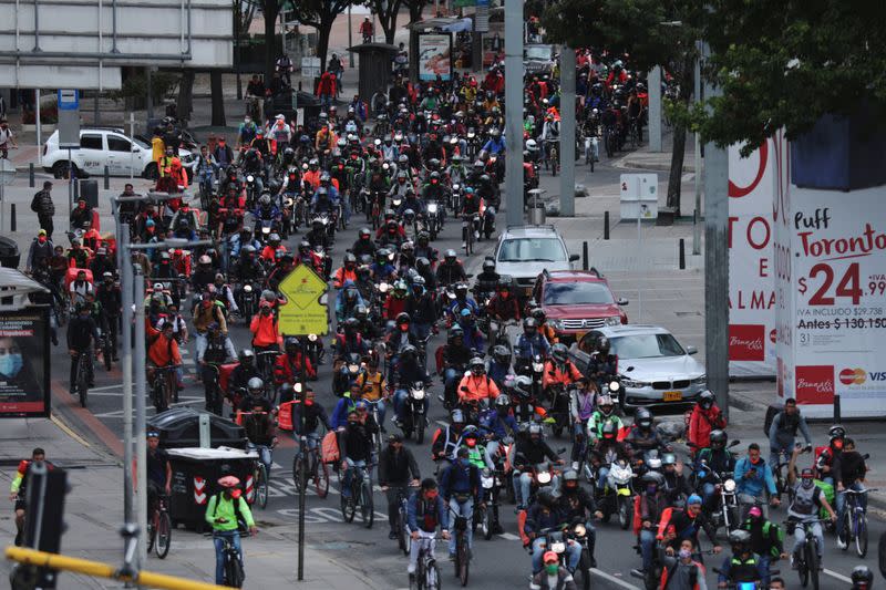 Delivery workers for Rappi and other delivery apps protest as part of a strike to demand better wages and working conditions, amid the coronavirus disease (COVID-19) outbreak, in Bogota