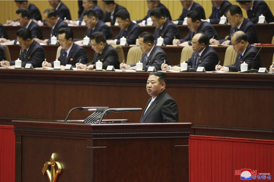 This photo provided by the North Korean government shows North Korean leader Kim Jong Un speaks in a meeting of ruling Workers' Party of Korea in Pyongyang, North Korea on Feb. 26, 2022. North Korea launched a ballistic missile into the sea on Sunday, Feb. 27, its neighbors said, in a resumption of weapons tests that came as the United States and its allies are focused on Russia’s invasion of Ukraine. Independent journalists were not given access to cover the event depicted in this image distributed by the North Korean government. The content of this image is as provided and cannot be independently verified. Korean language watermark on image as provided by source reads: "KCNA" which is the abbreviation for Korean Central News Agency. (Korean Central News Agency/Korea News Service via AP)