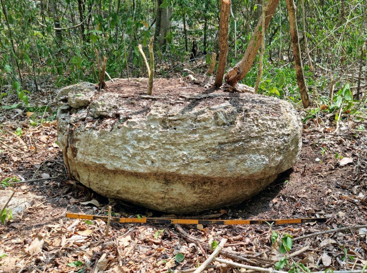 A view shows a part of a stone from an altar after archaeologists from Mexico's National Institute of Anthropology and History (INAH) discovered an ancient Mayan city inside the Balamku ecological reserve in Campeche state, Mexico on June 20, 2023.