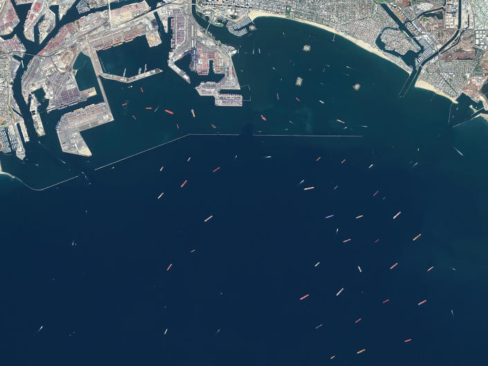 A satellite view of cargo ships waiting to offload at the Ports of Los Angeles on Oct. 10, 2021, during the Covid-19 pandemic.<span class="copyright">Gallo Images/Orbital Horizon/Copernicus Sentinel Data/Getty Images</span>