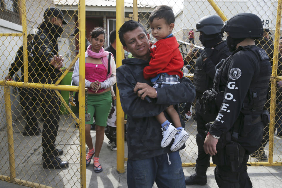 Members of a Central American family leave a shelter in Piedras Negras, Mexico, Tuesday, Feb. 5, 2019. A caravan of about 1,600 Central American migrants camped Tuesday in the Mexican border city of Piedras Negras, just west of Eagle Pass, Texas. The governor of the northern state of Coahuila described the migrants as "asylum seekers," suggesting all had express intentions of surrendering to U.S. authorities. (Jerry Lara/The San Antonio Express-News via AP)