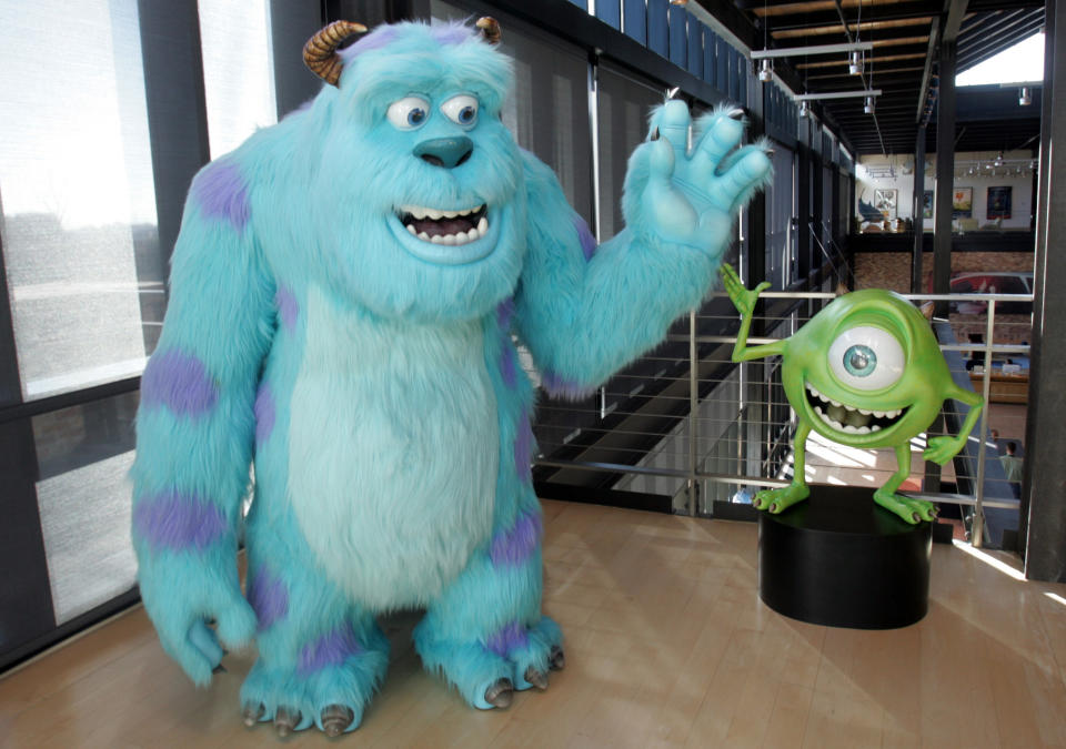 FILE - This Tuesday, Jan. 24, 2006 file photo shows characters from the movie "Monsters Inc." in the lobby of Pixar headquarters in Emeryville, Calif. On Friday, March 29, 2019, The Associated Press has found that stories circulating on the internet that Disney-Pixar are to release “Boo,” a film spinoff from the animated “Monsters, Inc.” franchise, in July 2020, are untrue. (AP Photo/Paul Sakuma)