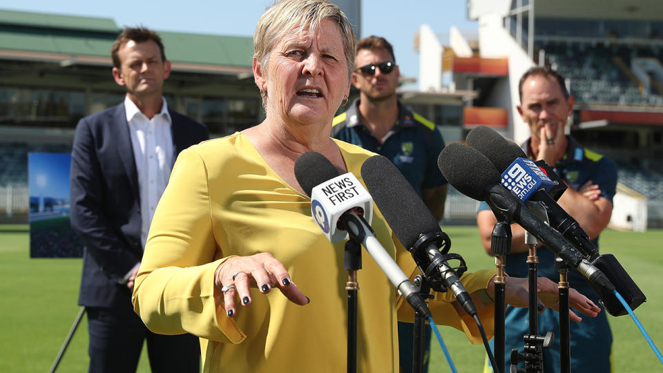 WACA CEO Christina Matthews, pictured here addressing the media in Perth.