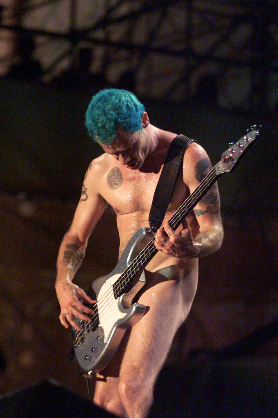 Red Hot Chili Peppers bassist Flea (Michael Balzary) with his bass.