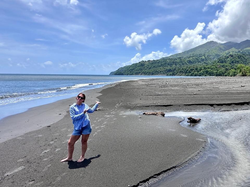 The author standing on a beach on a sunny day.