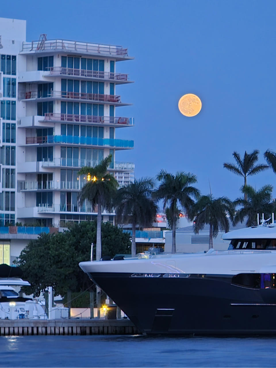 full moon shines in the upper right corner of the image against a deep blue sky. there is a building to the left of the moon and palm trees below with the front of a boat visible in the foreground of the image and water below.
