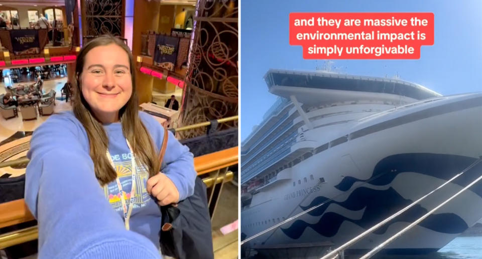 A woman smiling at camera on a cruise ship (left) and a cruise ship at a dock (right). 