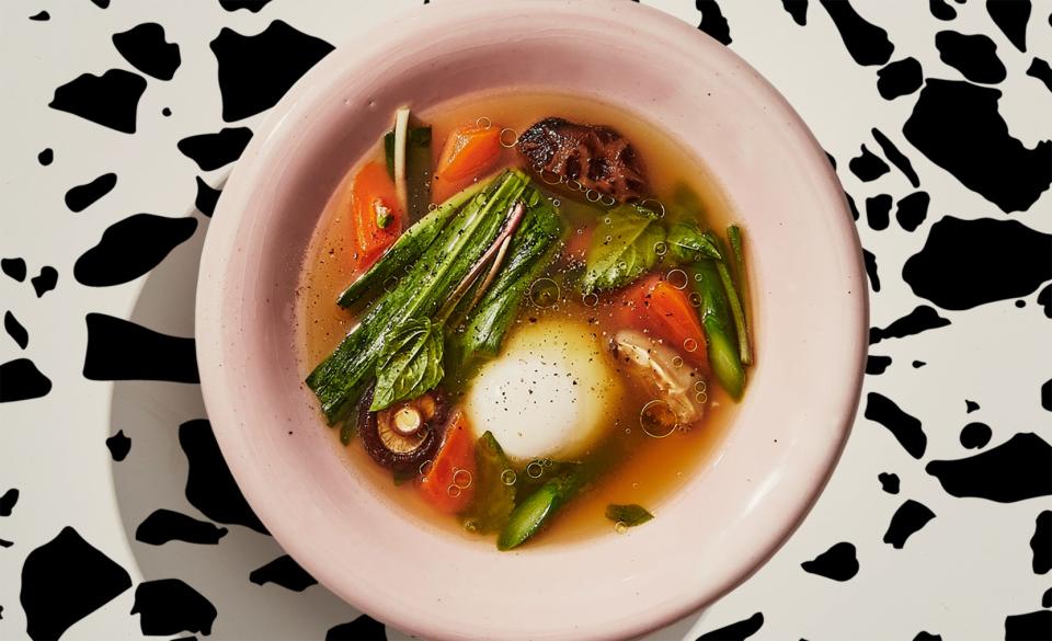 Poached Eggs in Chicken Broth with Mixed Vegetables