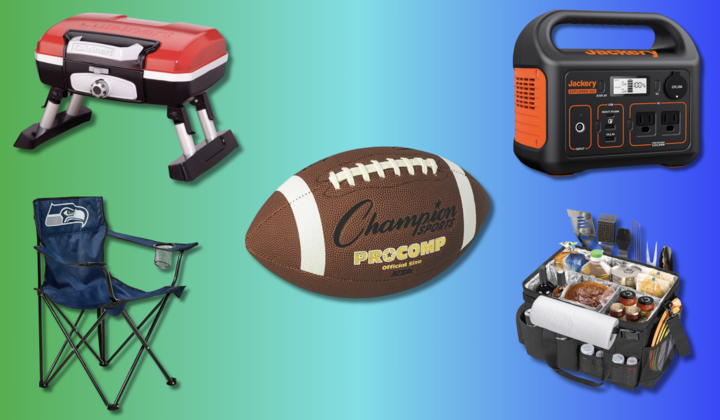 collage with portable grill, pop-up chair, football, external battery, food organizer